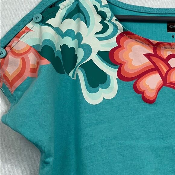 Tea Collection teal and peach floral short sleeve knit dress with pockets size 6 - Picture 7 of 11